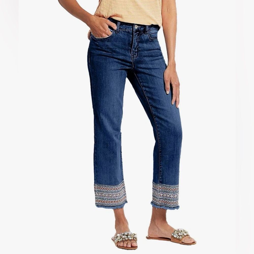 Flamingals Straight Leg Jeans Low Rise Cropped Embroidery Denim Blue 3XL 16W NWT